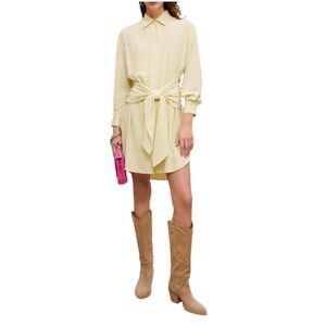 Maje Tie Short Dress Tie Waist Long Sleeve Light Yellow Size 34